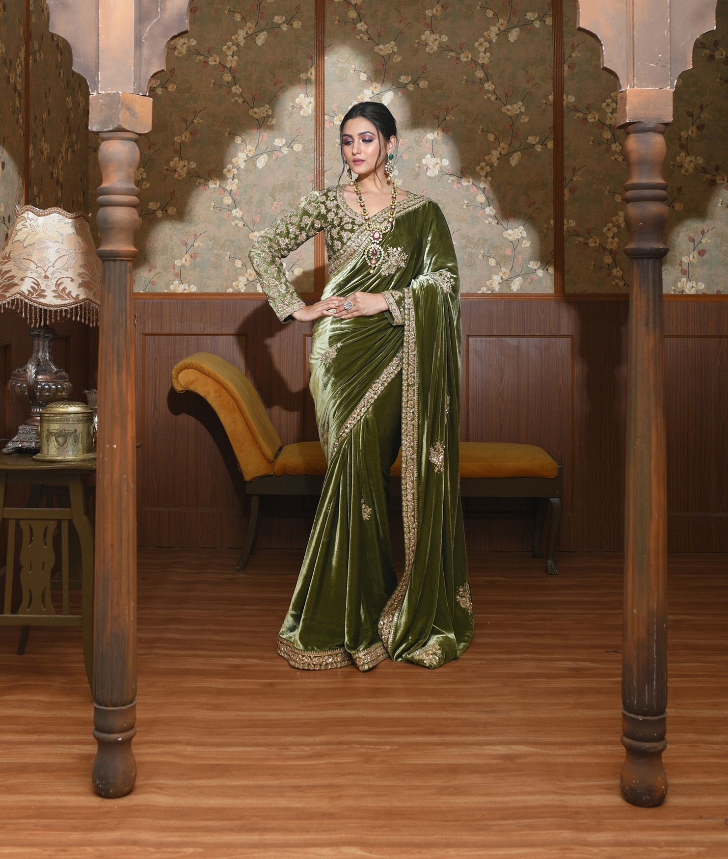 A model showcasing Adya Green Velvet Saree Feature image by Ayushi Agarwal from Ayushi Agarwal's collection