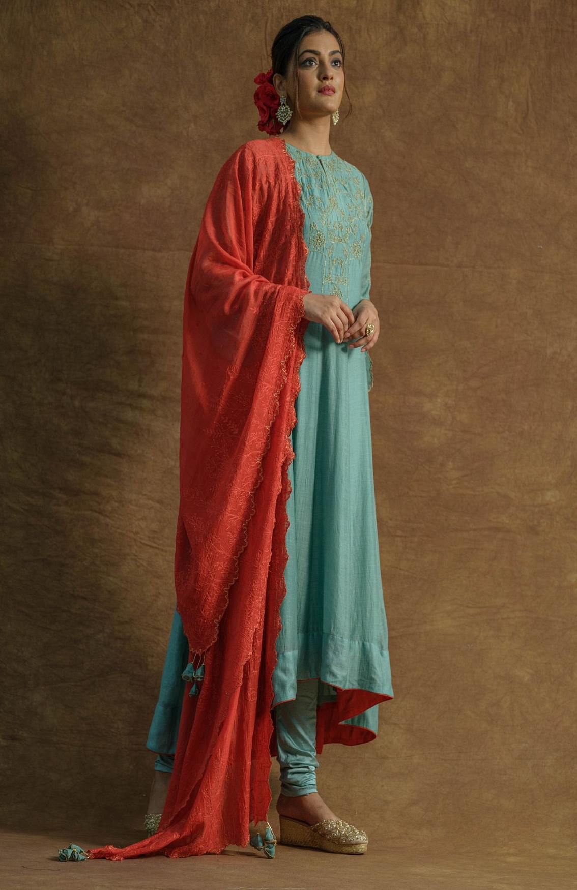 A model showcasing Mint Green Anarkali Set With Chudidaar And Dupatta Feature image by Farha Syed from Farha Syed's collection