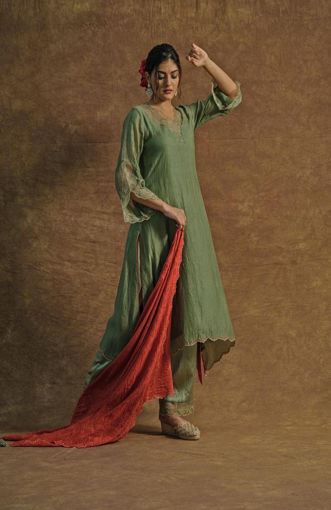 A model showcasing Olive Green Kurta Set And Palazzo Set With Dupatta Feature image by Farha Syed from Farha Syed's collection