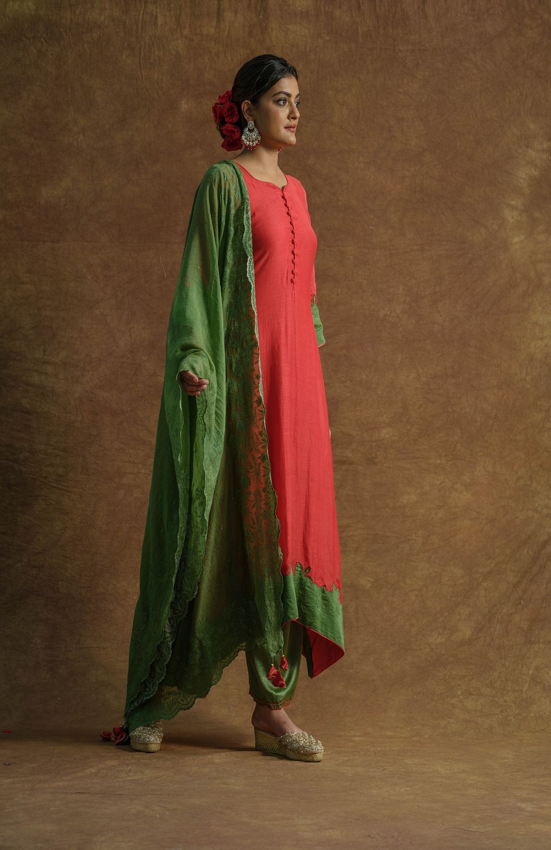 A model showcasing Red Kurta Set With Palazzo Pants And Dupatta Feature image by Farha Syed from Farha Syed's collection