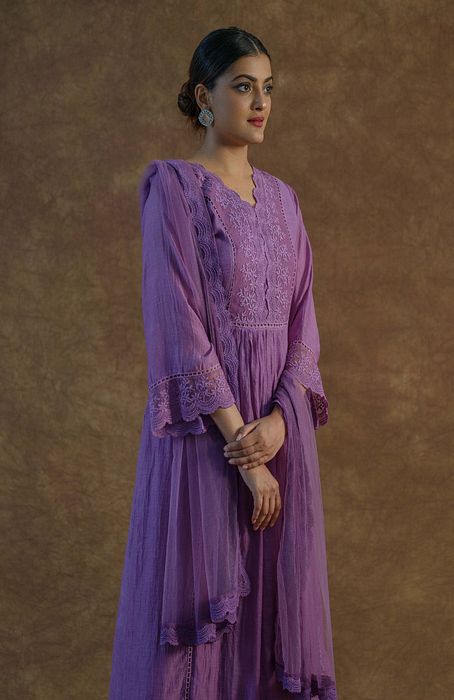 A model showcasing Iris Purple Kurta Set With Palazza And Dupatta by Farha Syed from Farha Syed's collection