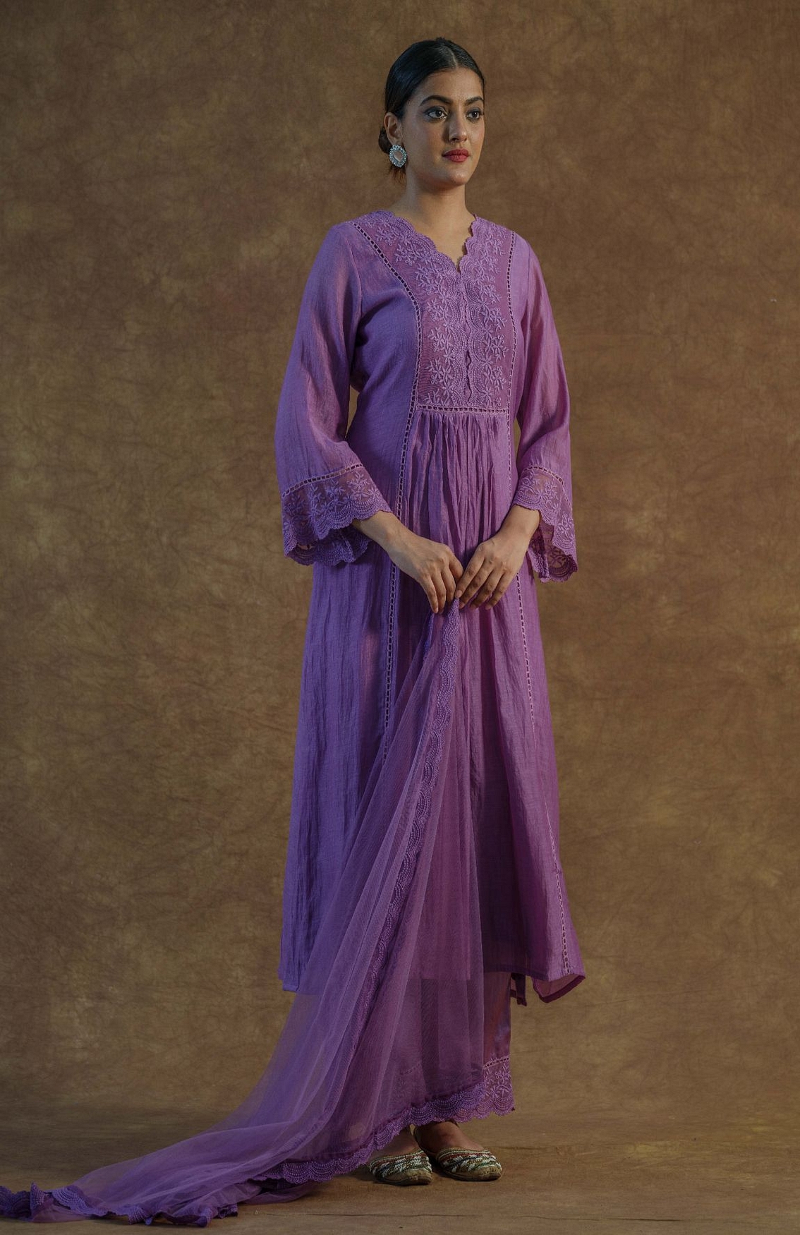 A model showcasing Iris Purple Kurta Set With Palazza And Dupatta Feature image by Farha Syed from Farha Syed's collection