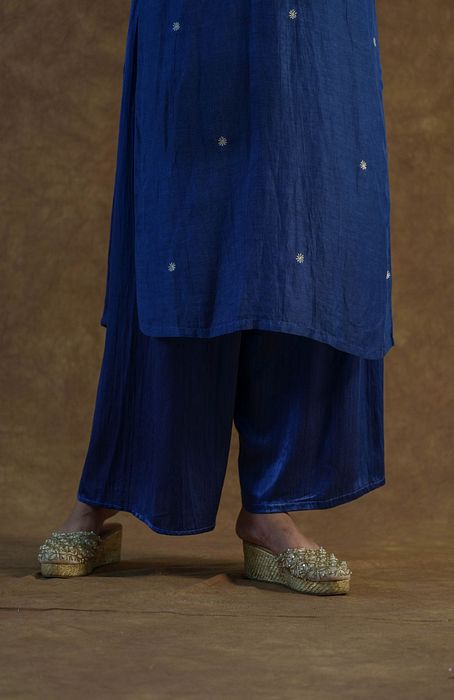A model showcasing Royal Blue Kurta Set With Palazzo And Dupatta by Farha Syed from Farha Syed's collection