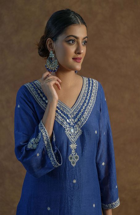 A model showcasing Royal Blue Kurta Set With Palazzo And Dupatta by Farha Syed from Farha Syed's collection