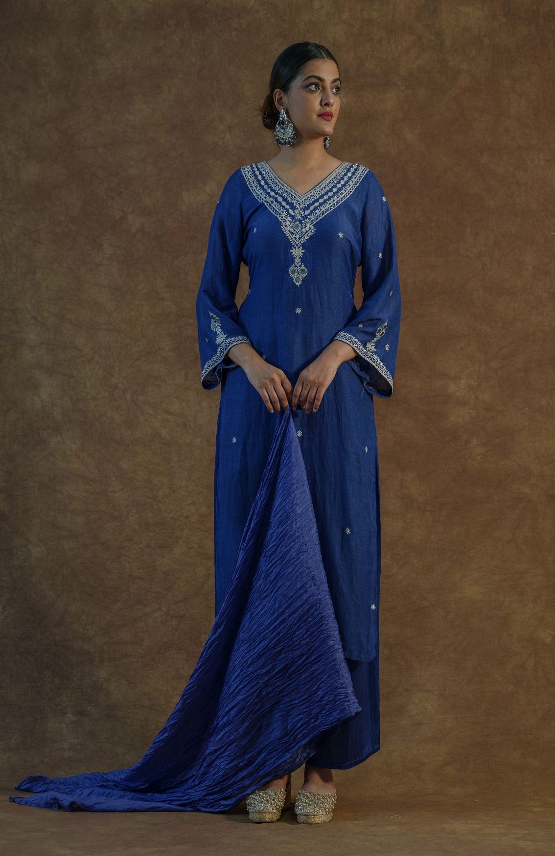 A model showcasing Royal Blue Kurta Set With Palazzo And Dupatta Feature image by Farha Syed from Farha Syed's collection