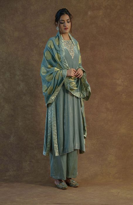 A model showcasing Greyish Green Kurta And Sharara Set by Farha Syed from Farha Syed's collection