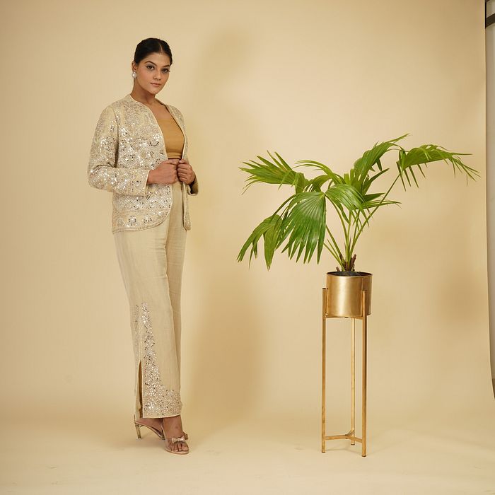 A model showcasing 3 Piece Cord Set by Farha Syed from Farha Syed's collection