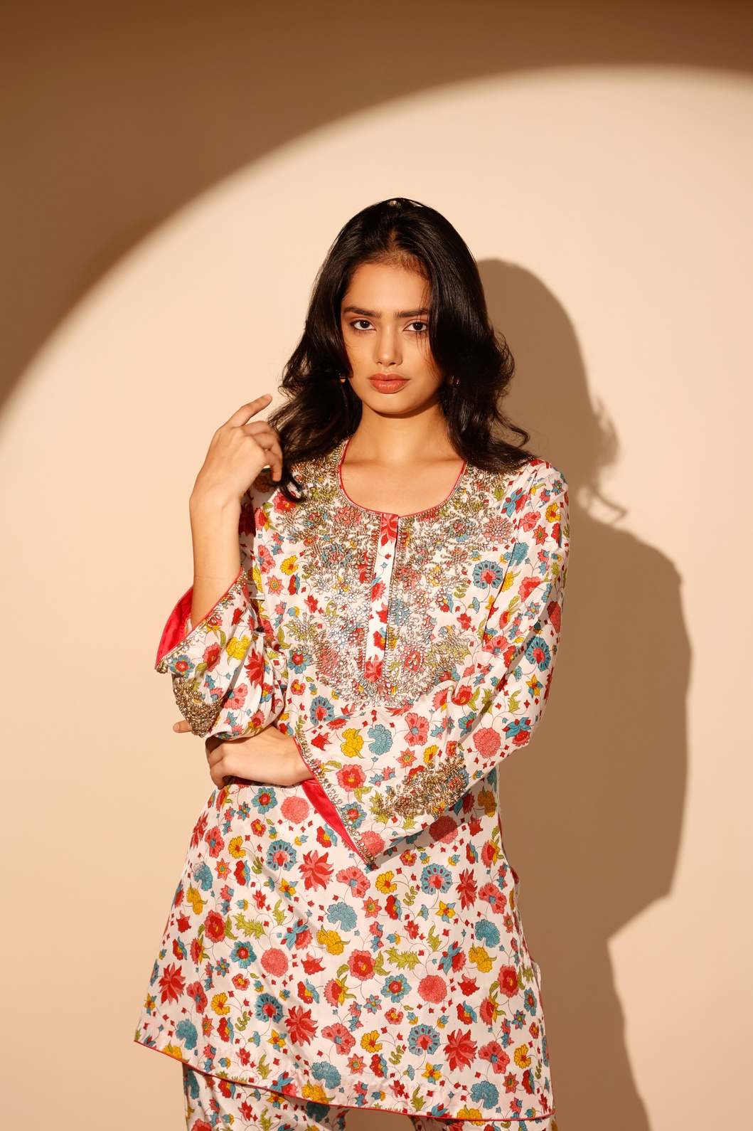 A model showcasing Multi Colour Blossom Twin Set by Ashtar from Ashtar's collection