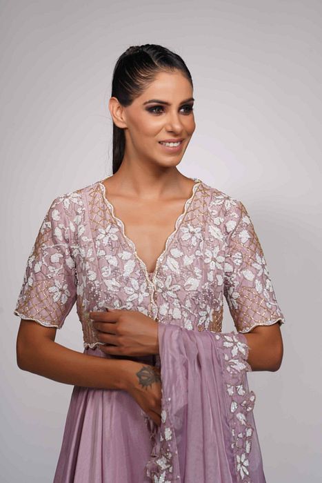 A model showcasing Lilac Anarkali With White Embroidery by Shruti S Label from Shruti S Label's collection