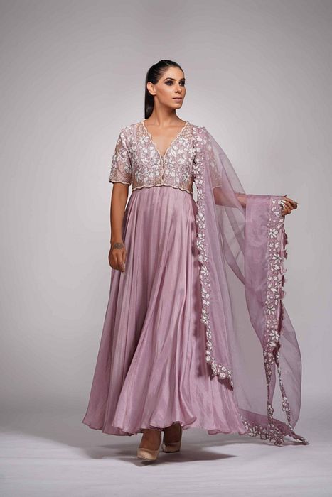 A model showcasing Lilac Anarkali With White Embroidery by Shruti S Label from Shruti S Label's collection