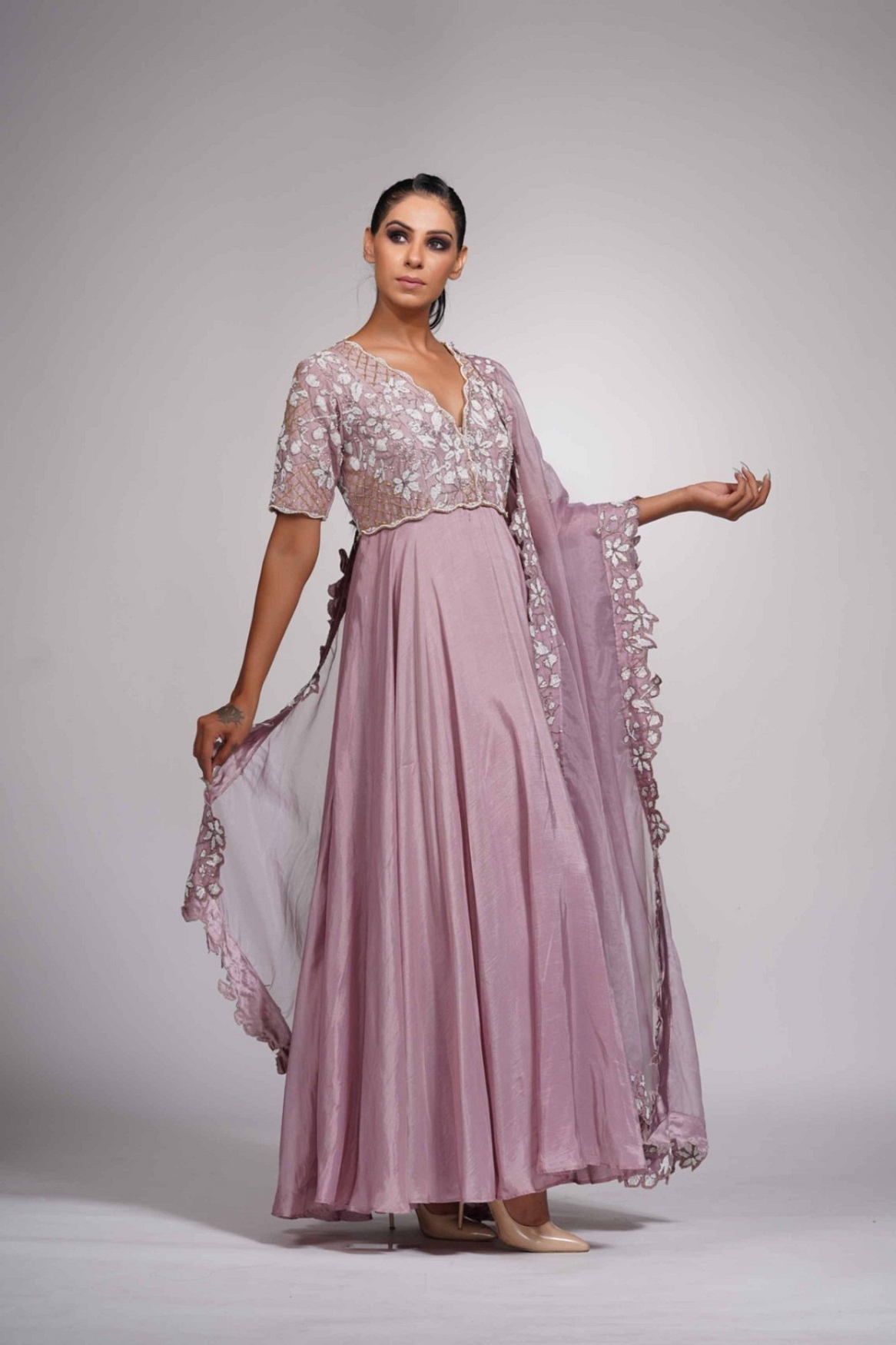 A model showcasing Lilac Anarkali With White Embroidery Feature image by Shruti S Label from Shruti S Label's collection