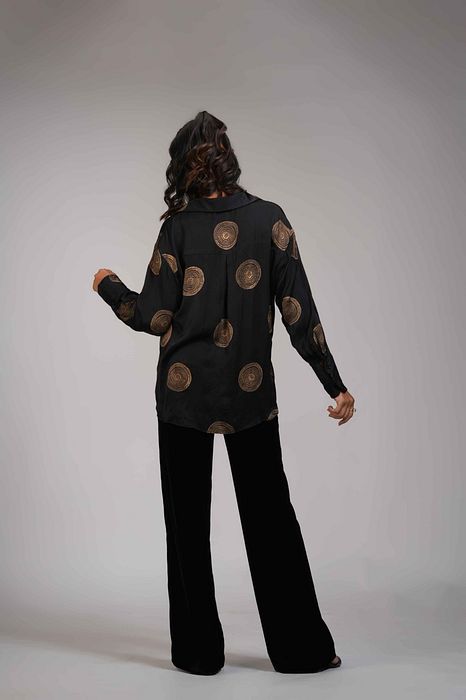 A model showcasing Black Formal Satin Shirt In Loose Fit by Shruti S Label from Shruti S Label's collection