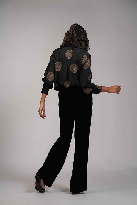 A model showcasing Black Formal Satin Shirt In Loose Fit by Shruti S Label from Shruti S Label's collection