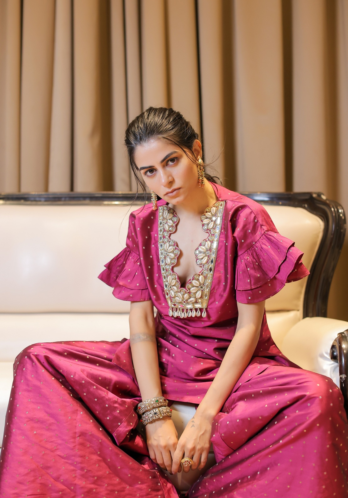 A model showcasing Pink Brocade Embroidered Coordset by Foram Patel from Foram Patel's collection