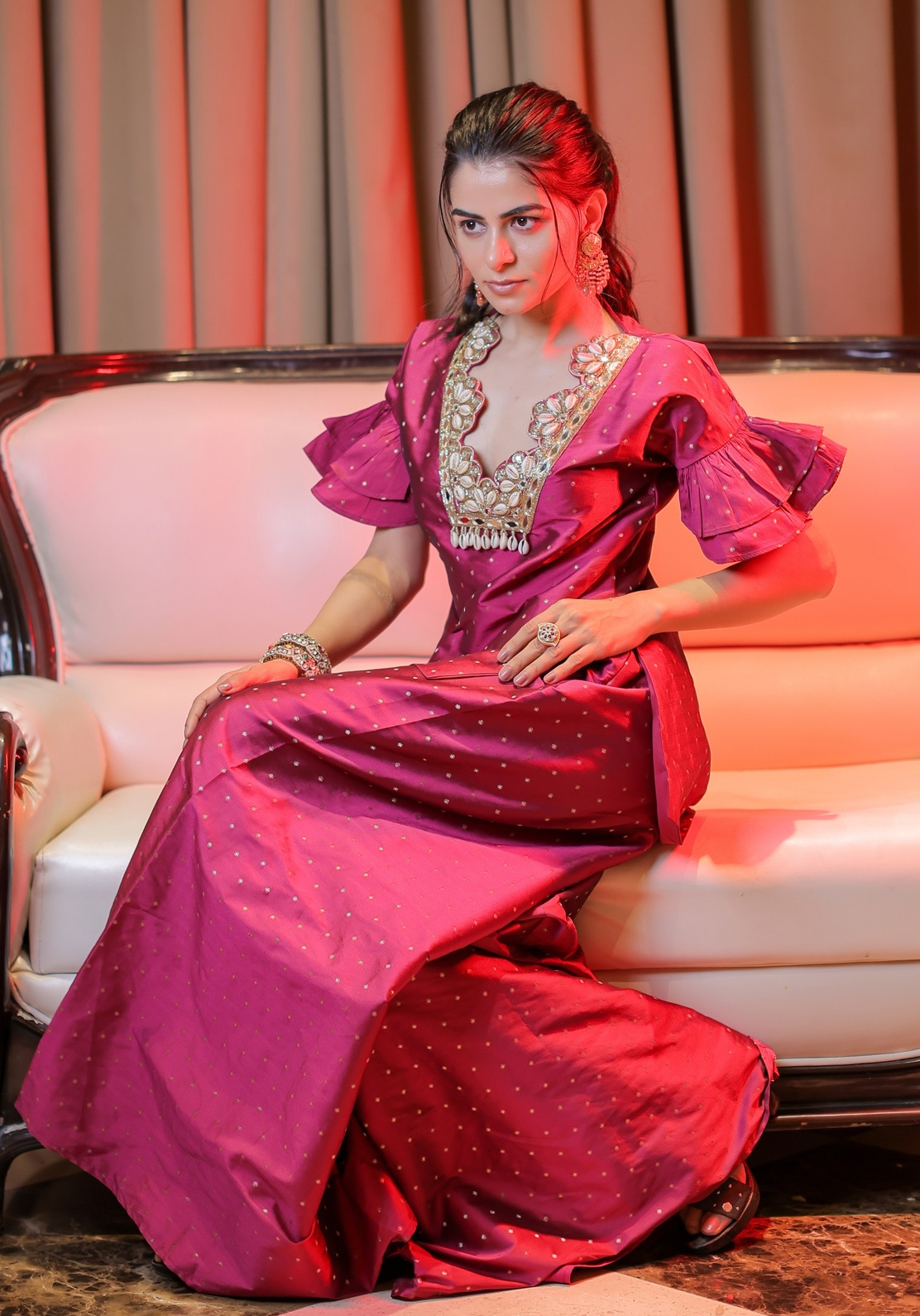 A model showcasing Pink Brocade Embroidered Coordset by Foram Patel from Foram Patel's collection