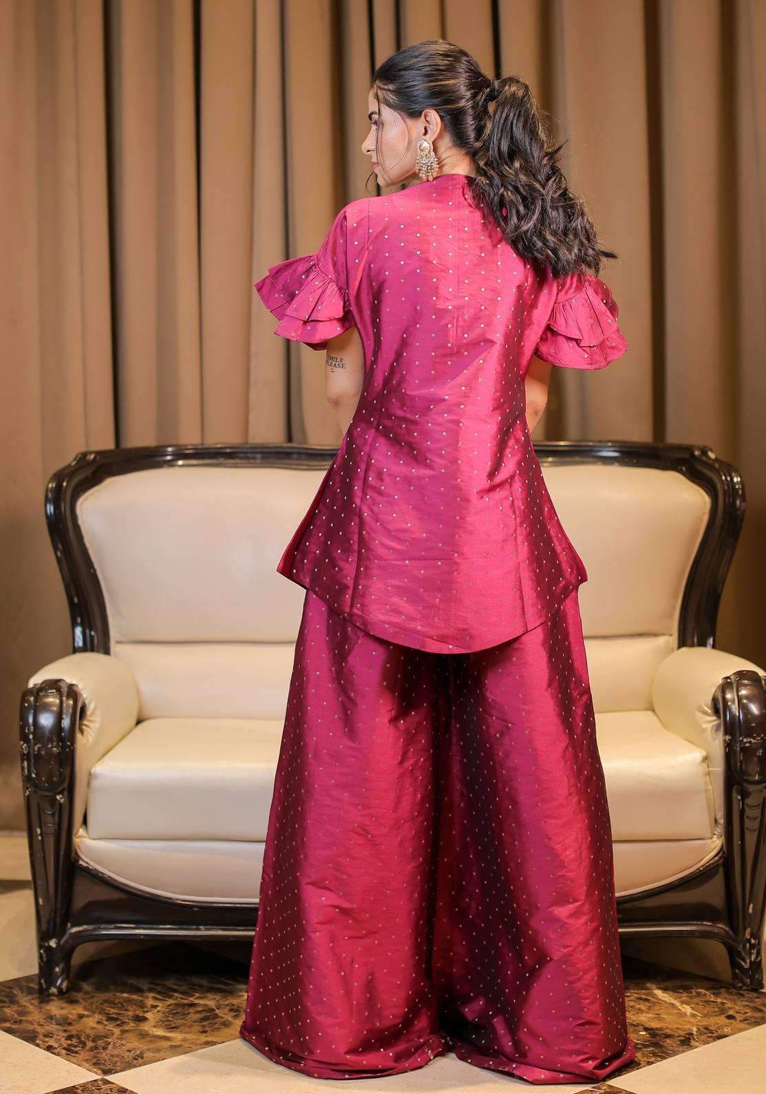 A model showcasing Pink Brocade Embroidered Coordset by Foram Patel from Foram Patel's collection