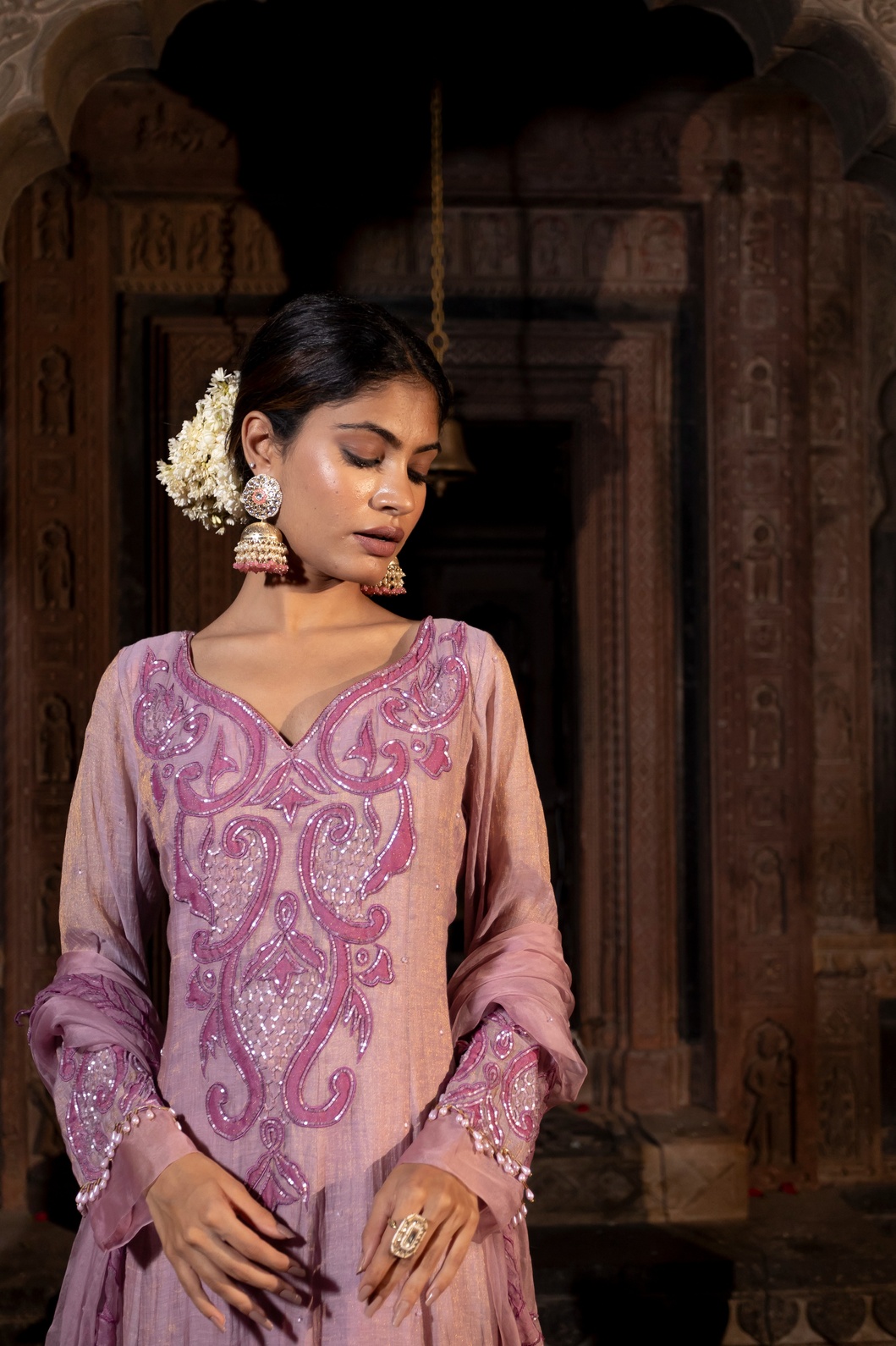 A model showcasing Lavender And Pink Anarkali Set by Farha Syed from Farha Syed's collection