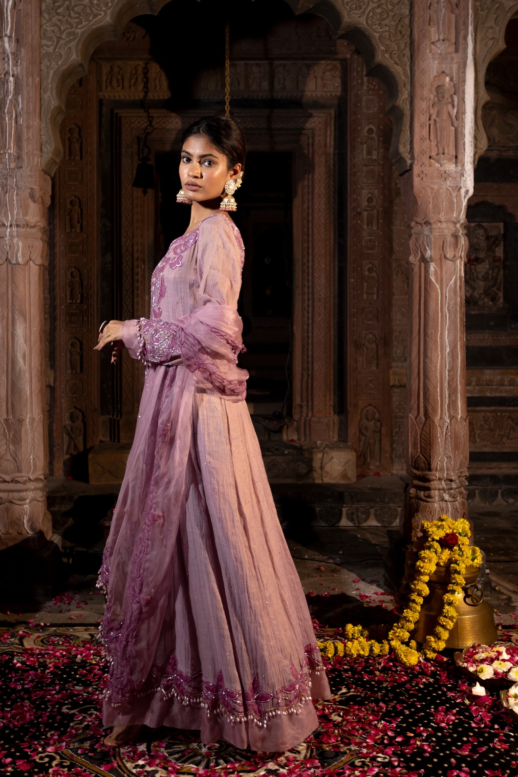 A model showcasing Lavender And Pink Anarkali Set by Farha Syed from Farha Syed's collection