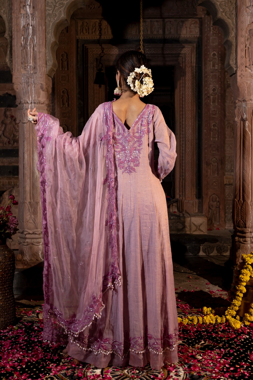 A model showcasing Lavender And Pink Anarkali Set by Farha Syed from Farha Syed's collection