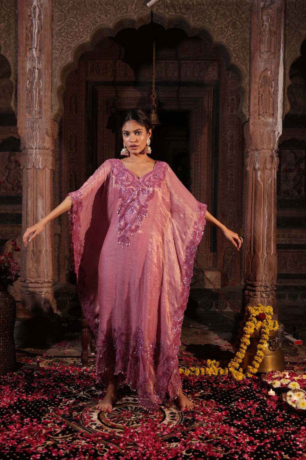 A model showcasing Lavender Pink Kaftaan Set by Farha Syed from Farha Syed's collection