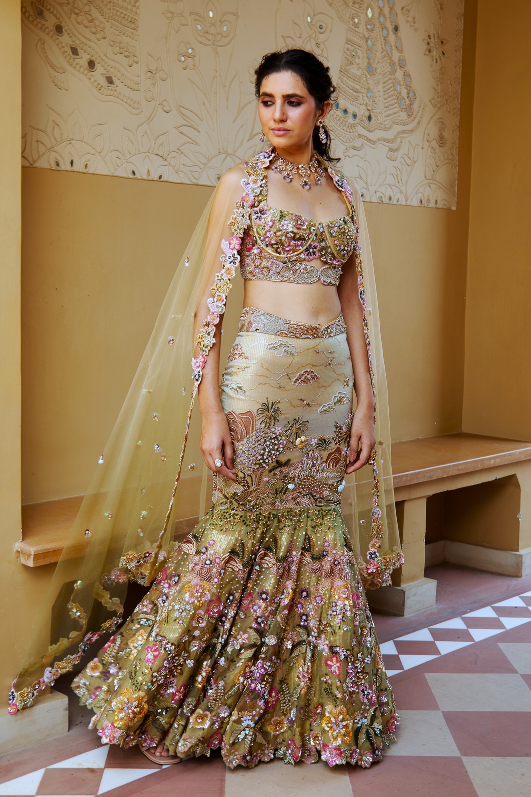 A model showcasing Elegant Fishcut Mermaid Lehenga With Intricate Detailing by Moledro from Moledro's collection