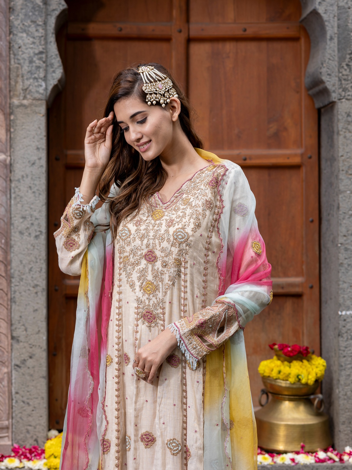 A model showcasing Elegance In Threads Chanderi Silk Beige Anarkali Set by Farha Syed from Farha Syed's collection