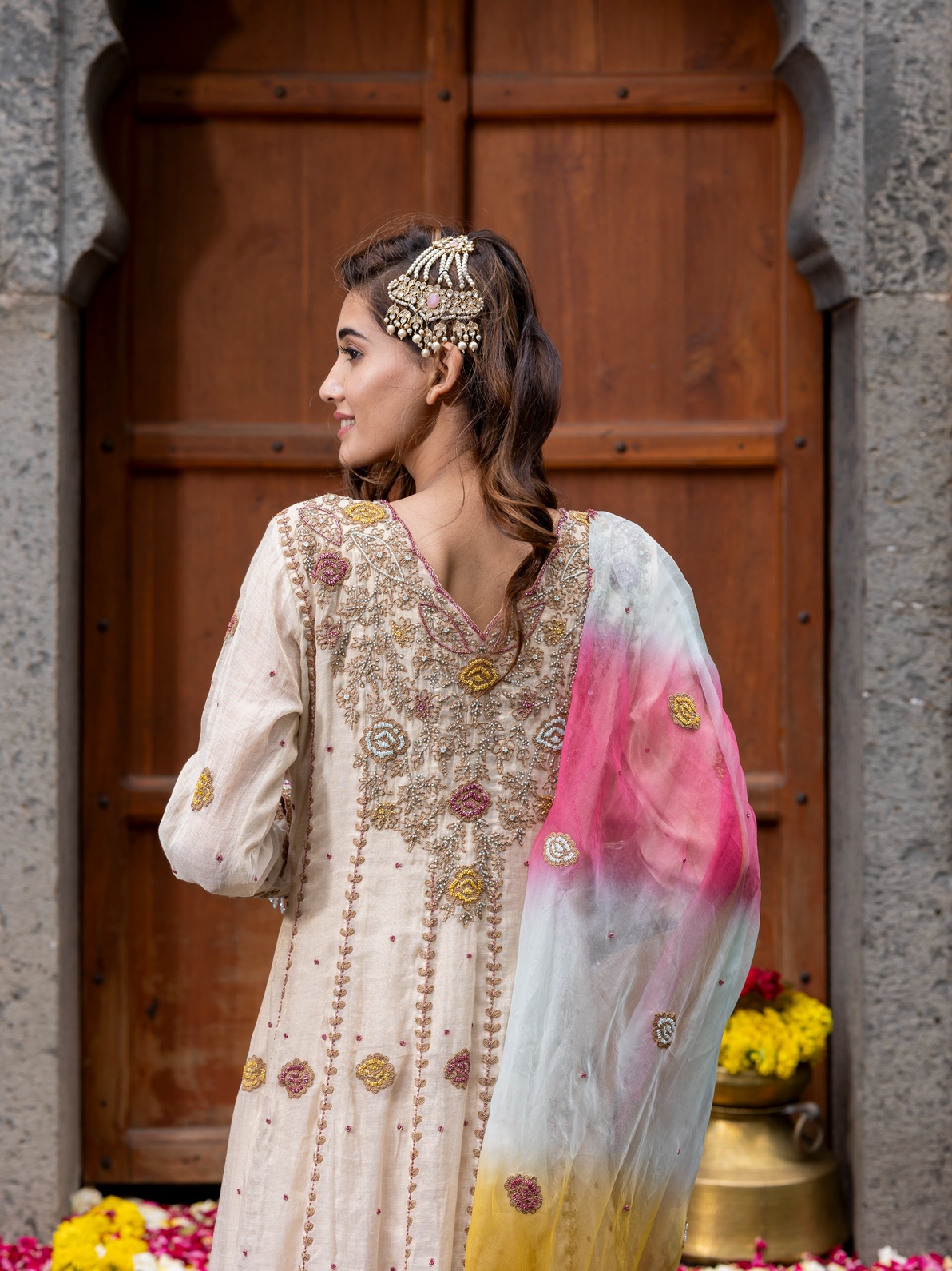 A model showcasing Elegance In Threads Chanderi Silk Beige Anarkali Set by Farha Syed from Farha Syed's collection