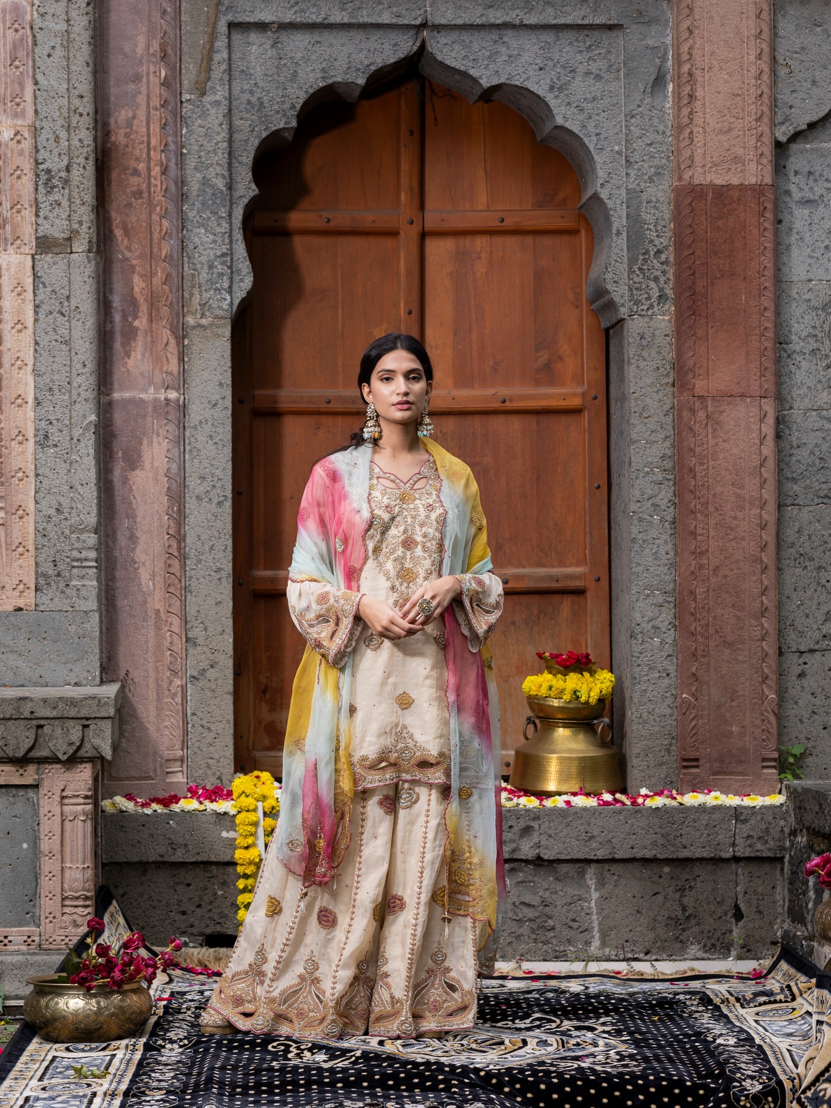 A model showcasing Chanderi Silk Tissue Kurta Set With Pure Dupatta by Farha Syed from Farha Syed's collection