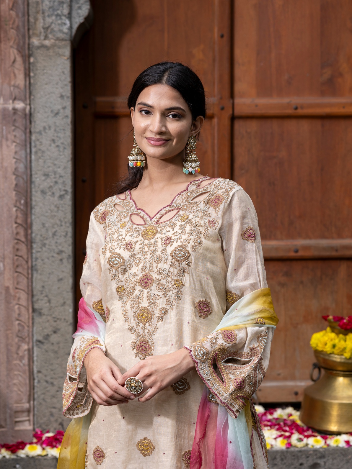 A model showcasing Chanderi Silk Tissue Kurta Set With Pure Dupatta by Farha Syed from Farha Syed's collection