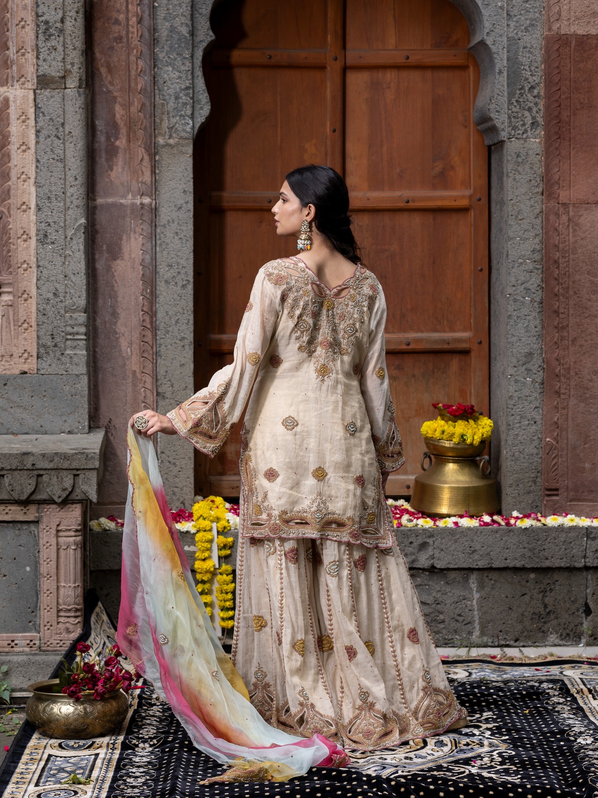 A model showcasing Chanderi Silk Tissue Kurta Set With Pure Dupatta by Farha Syed from Farha Syed's collection