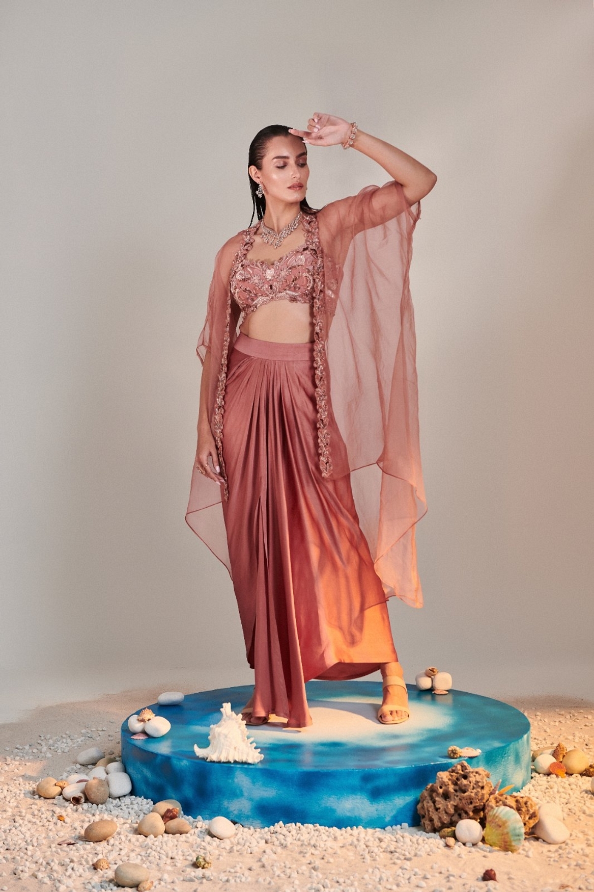 A model showcasing Salmon Pink Pure Organza Cape Set Feature image by One Knot One from One Knot One's collection