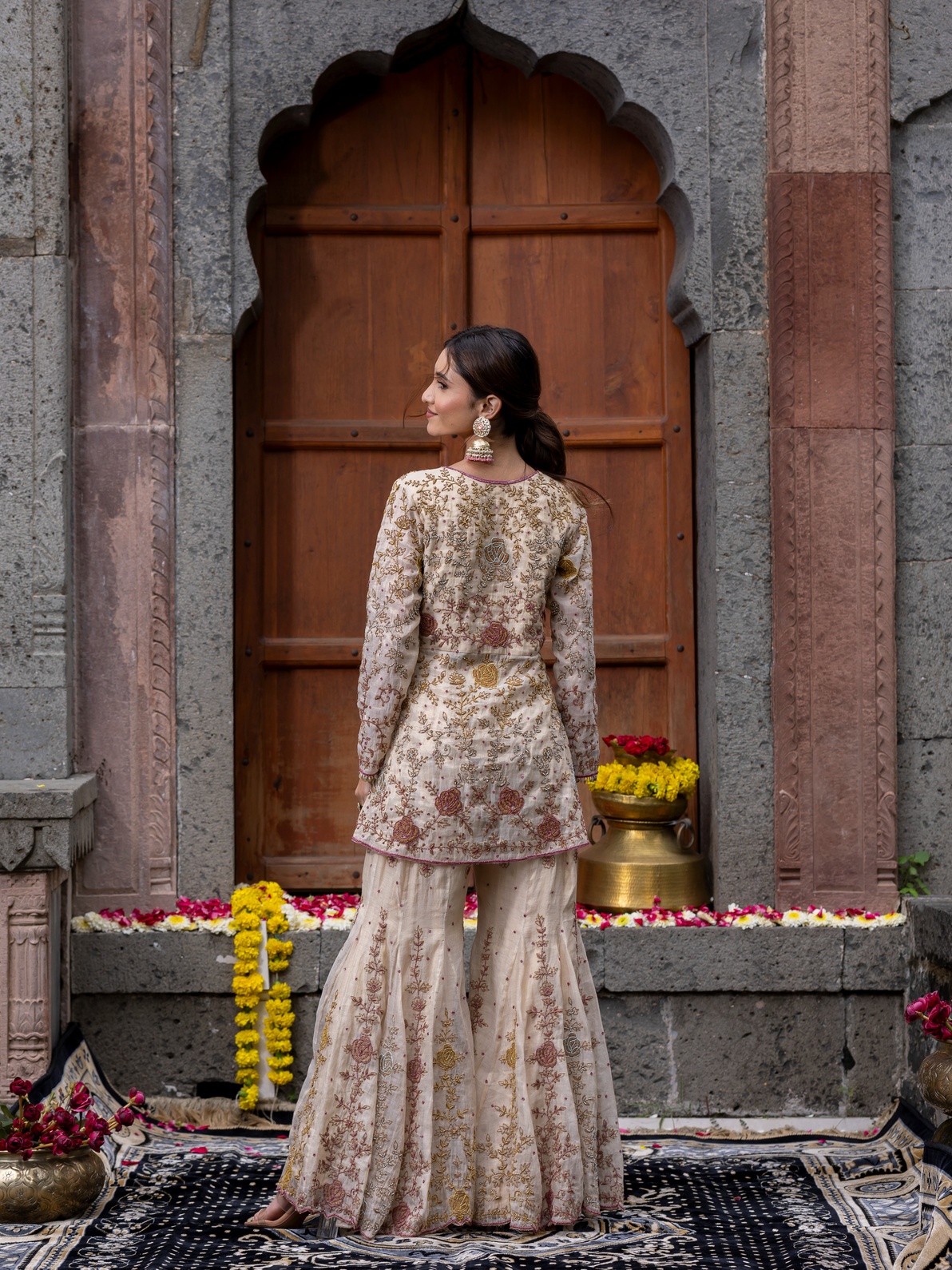 A model showcasing Chanderi Silk Tissue Kurta Sharara Set by Farha Syed from Farha Syed's collection