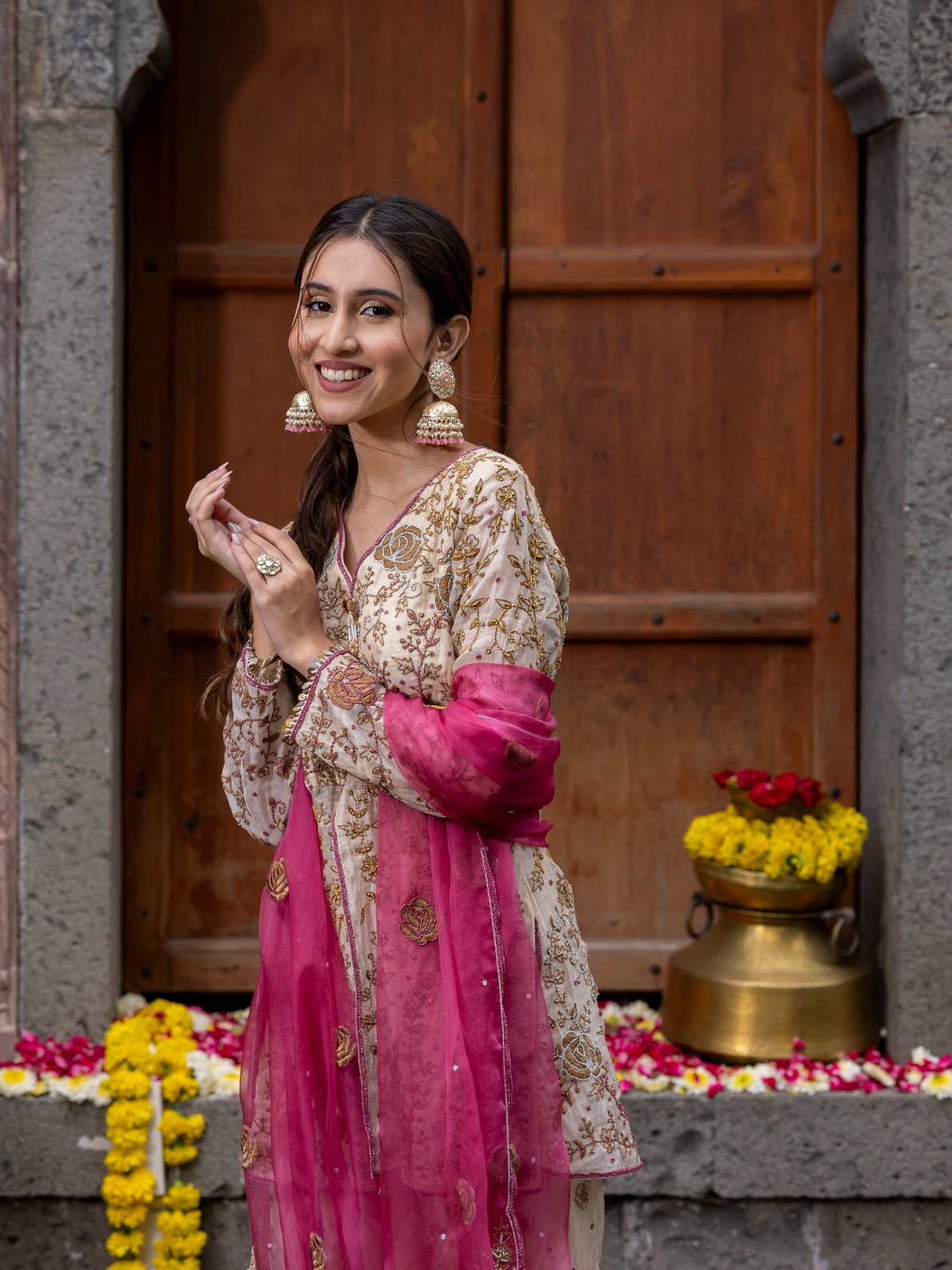 A model showcasing Chanderi Silk Tissue Kurta Sharara Set by Farha Syed from Farha Syed's collection