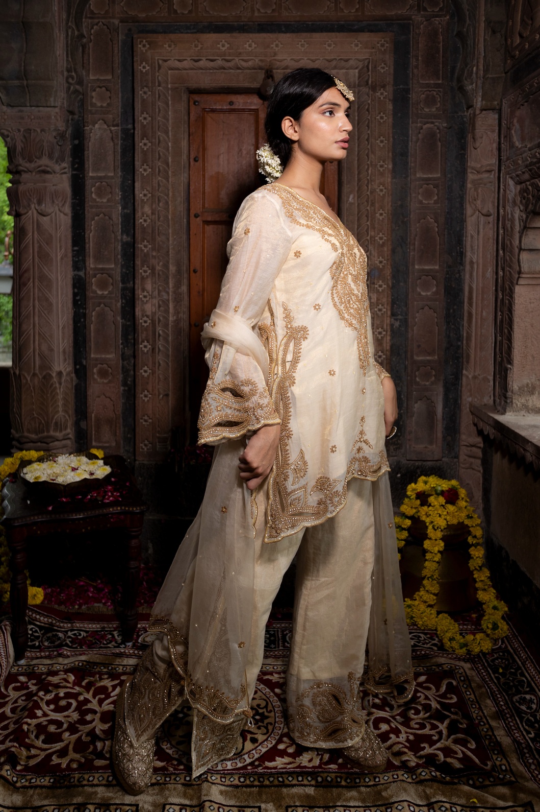 A model showcasing Chanderi Silk Tissue Kurta With Pants Set by Farha Syed from Farha Syed's collection