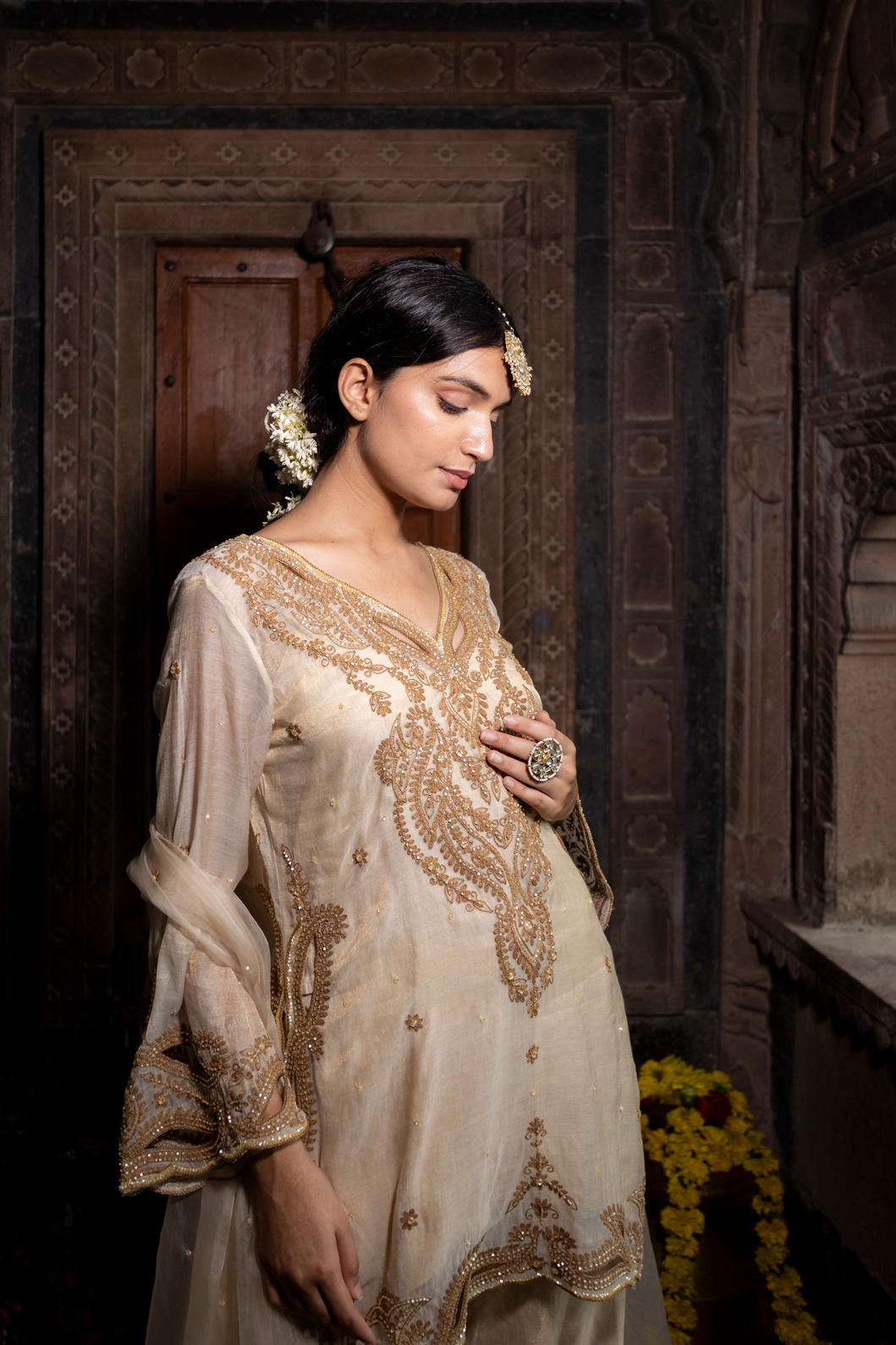 A model showcasing Chanderi Silk Tissue Kurta With Pants Set by Farha Syed from Farha Syed's collection