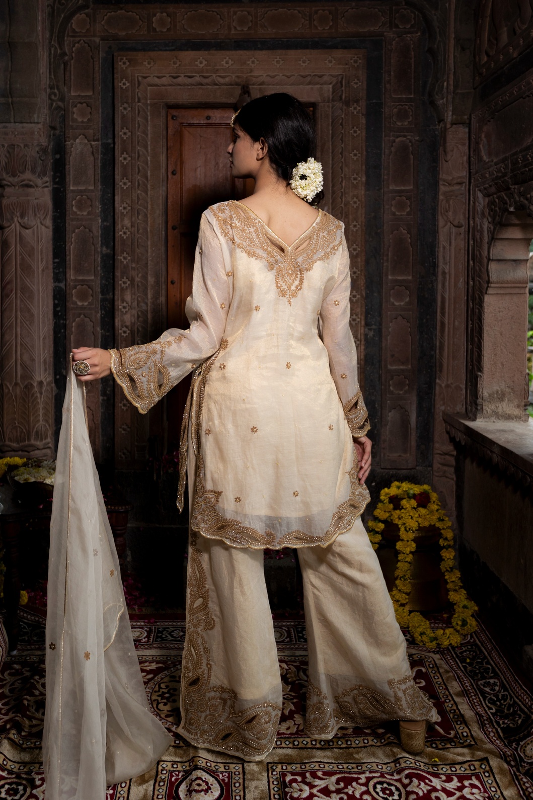 A model showcasing Chanderi Silk Tissue Kurta With Pants Set by Farha Syed from Farha Syed's collection