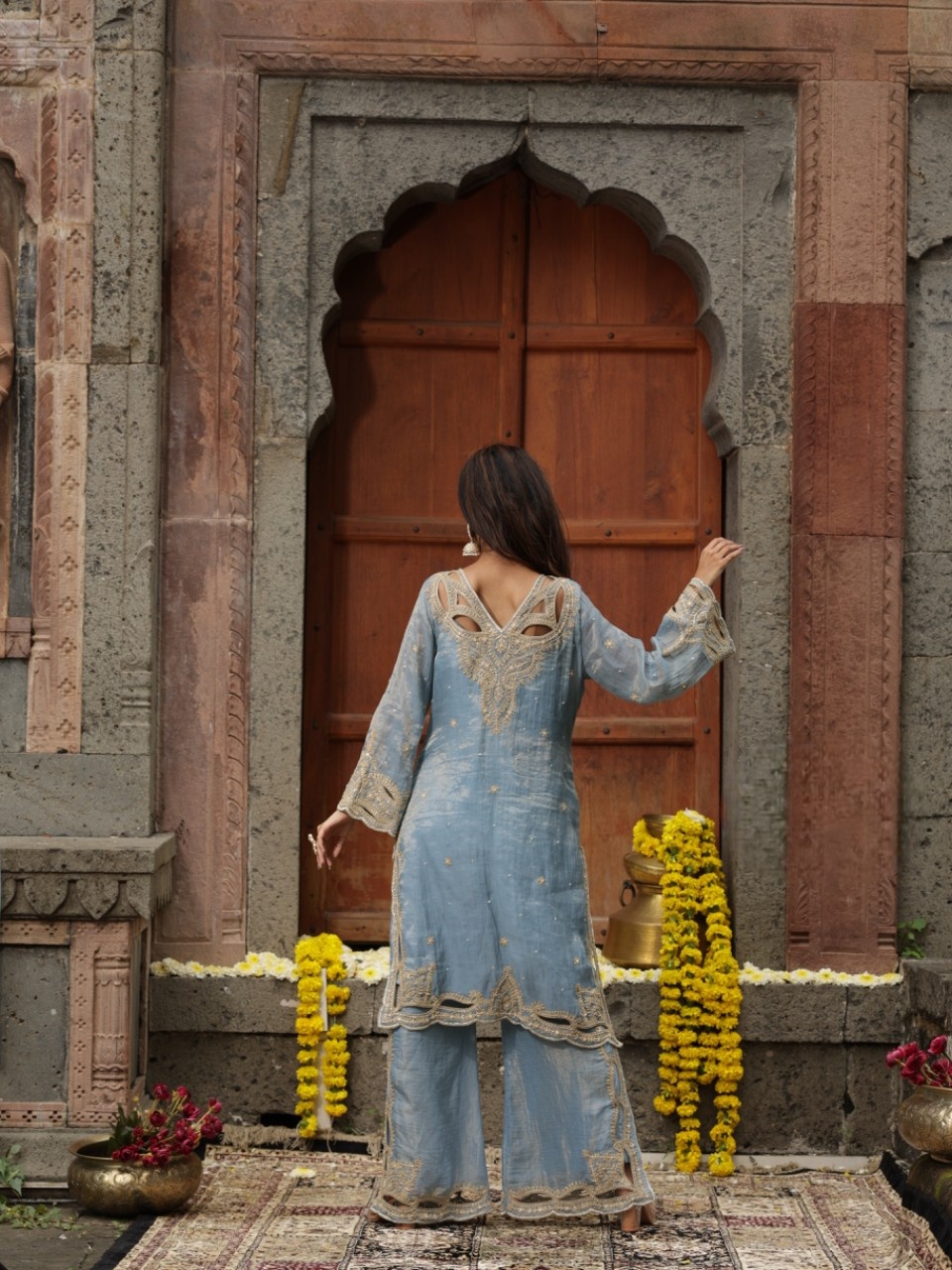 A model showcasing Chanderi Silk Blue Kurta Pants Set With Dupatta by Farha Syed from Farha Syed's collection