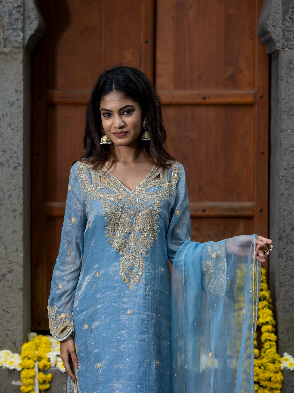 A model showcasing Chanderi Silk Blue Kurta Pants Set With Dupatta by Farha Syed from Farha Syed's collection
