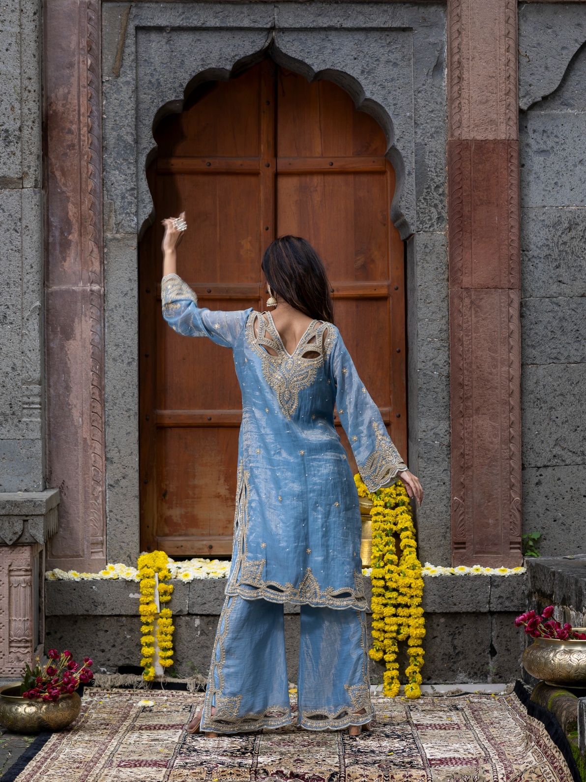 A model showcasing Chanderi Silk Blue Kurta Pants Set With Dupatta by Farha Syed from Farha Syed's collection