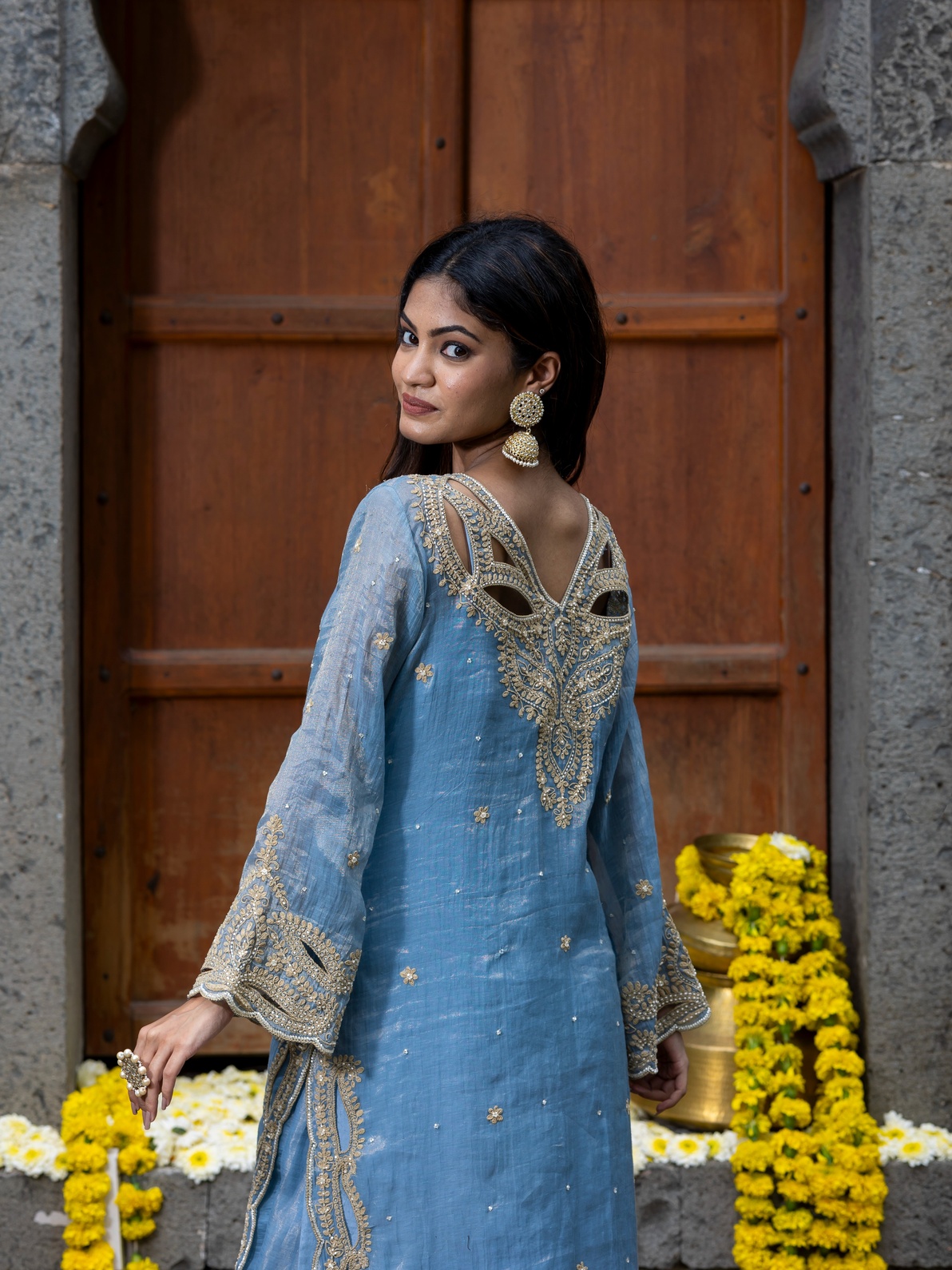 A model showcasing Chanderi Silk Blue Kurta Pants Set With Dupatta by Farha Syed from Farha Syed's collection