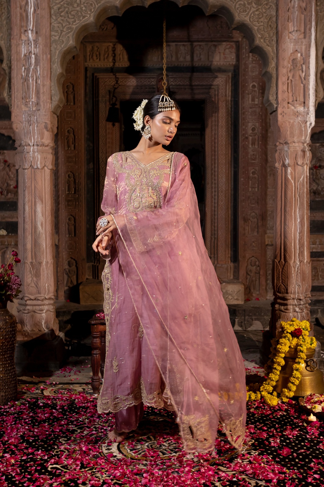 A model showcasing Chanderi Silk Pink Kurta Plazzo Pants Set by Farha Syed from Farha Syed's collection