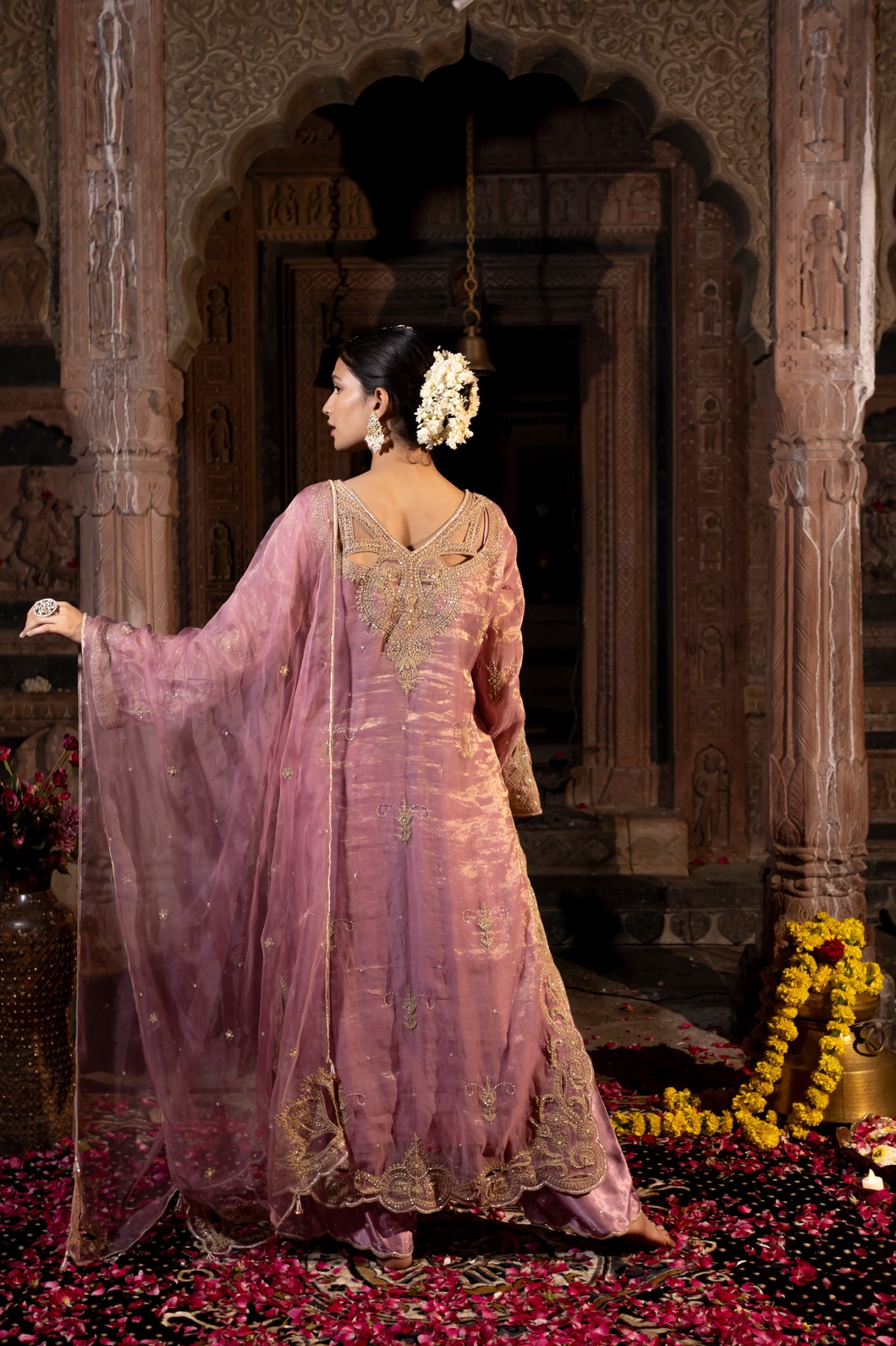 A model showcasing Chanderi Silk Pink Kurta Plazzo Pants Set by Farha Syed from Farha Syed's collection