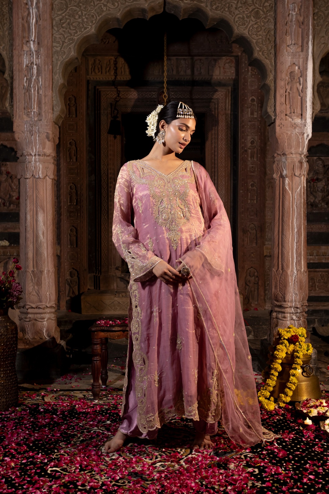 A model showcasing Chanderi Silk Pink Kurta Plazzo Pants Set by Farha Syed from Farha Syed's collection