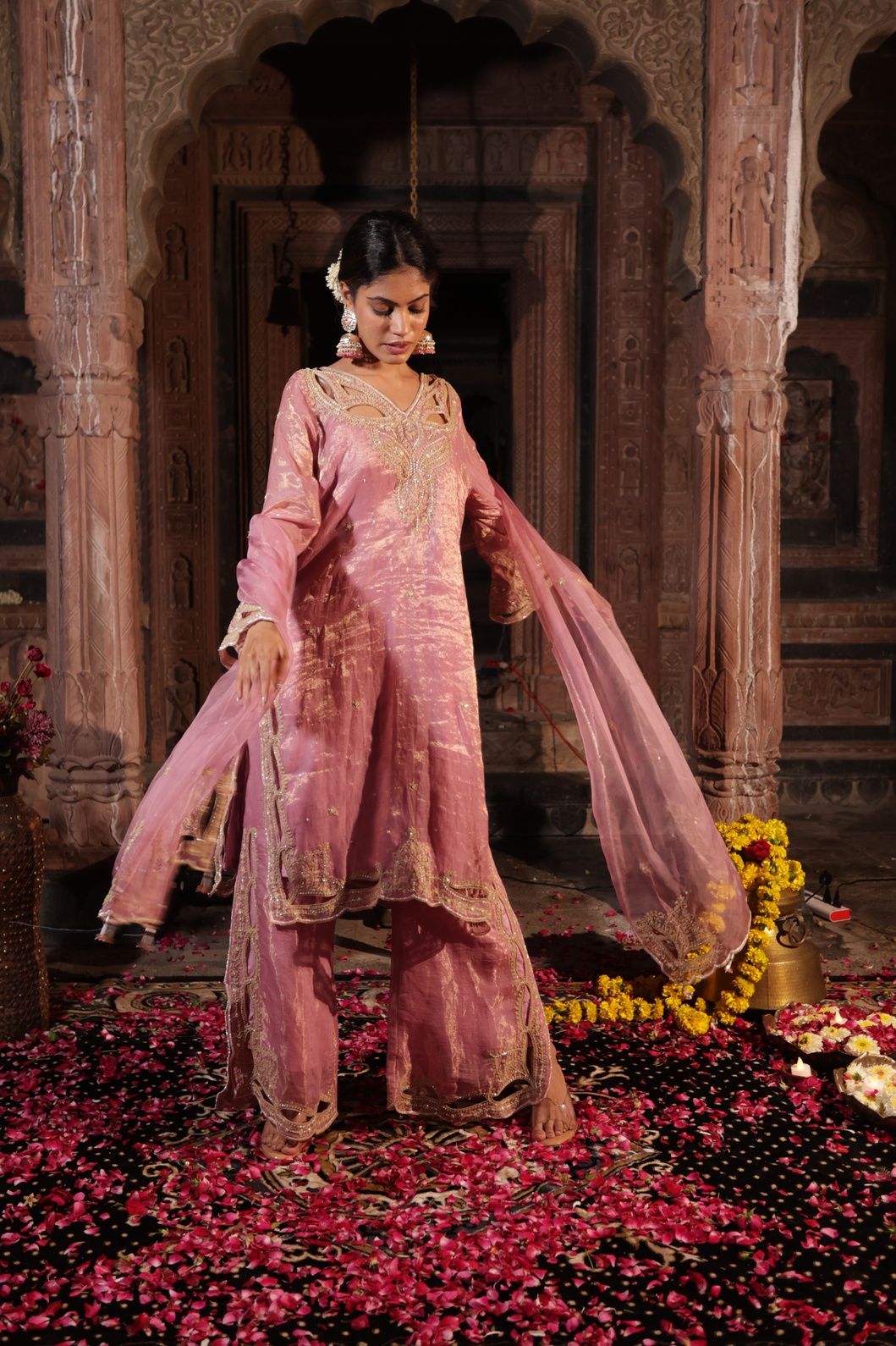 A model showcasing Dori Cutwork Pink Kurta Pants Set by Farha Syed from Farha Syed's collection