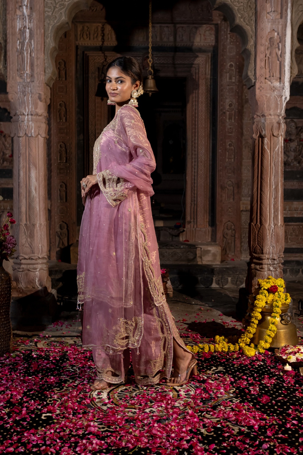 A model showcasing Dori Cutwork Pink Kurta Pants Set by Farha Syed from Farha Syed's collection