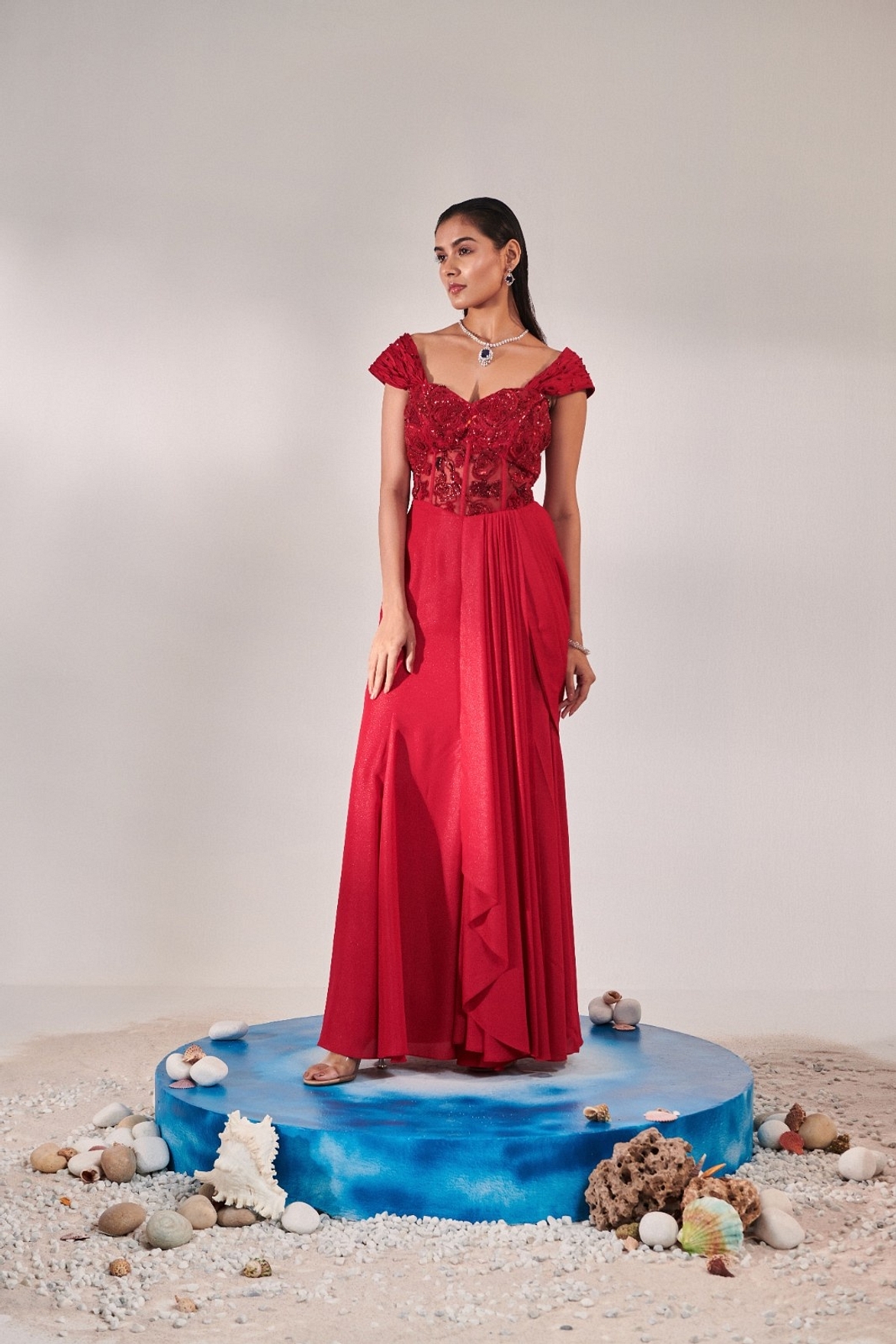 A model showcasing Corset Fitted Gown Drape In Red Feature image by One Knot One from One Knot One's collection