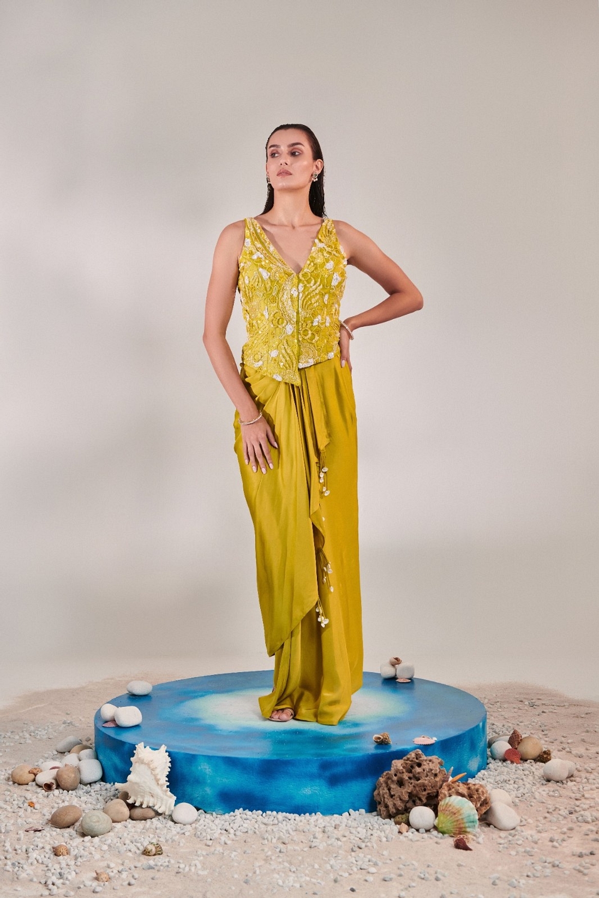 A model showcasing Jacket And Drape Skirt Set In Lime Yellow Feature image by One Knot One from One Knot One's collection