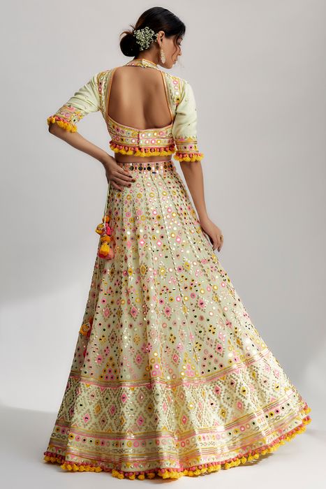A model showcasing Mint Aneha Mela Lehenga Set by Gopi Vaid from Gopi Vaid's collection