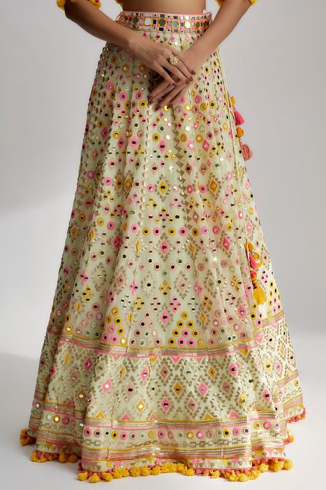 A model showcasing Mint Aneha Mela Lehenga Set by Gopi Vaid from Gopi Vaid's collection