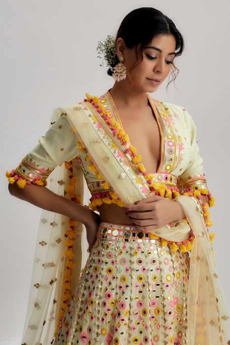 A model showcasing Mint Aneha Mela Lehenga Set by Gopi Vaid from Gopi Vaid's collection